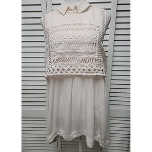 Free People Twice As Nice White Gauzy Tunic Top SZ M Crocheted Hi Lo Cotton